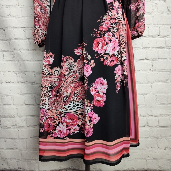 Bisou Bisou Michele Bohbot Dress 8  Pink Coral Black Flower Sheer  3/4 Sleeves - Picture 5 of 11